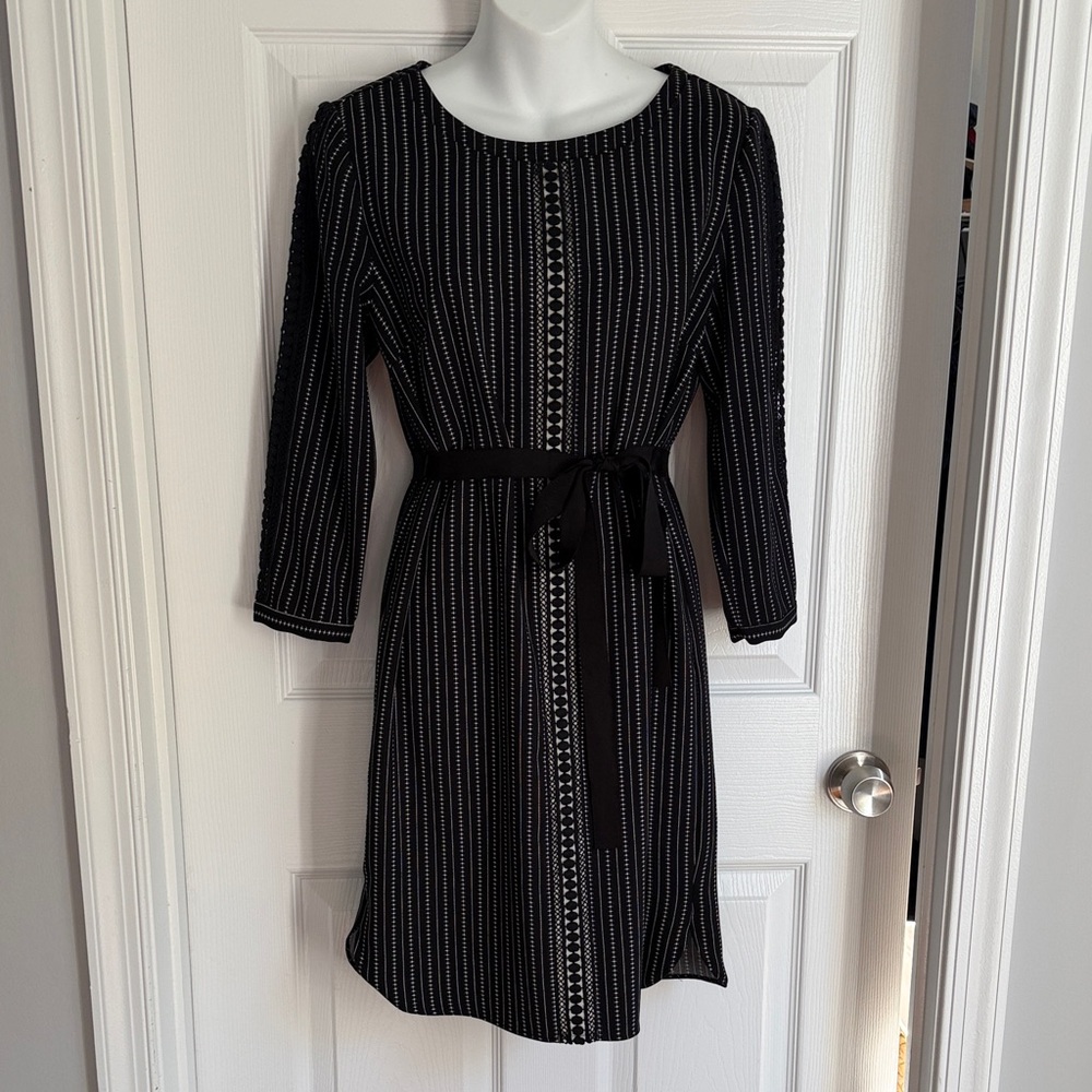 Ann Taylor Black and White Striped Dress with Tie Waist